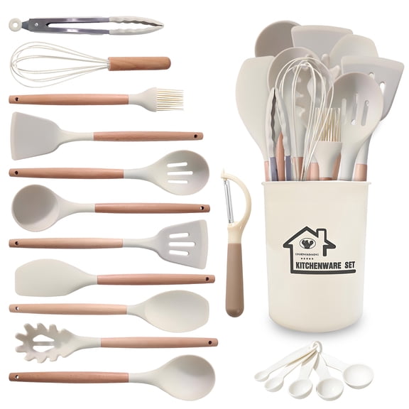 VEGCOO 14pcs Silicone Kitchenware Set, High-temperature Resistant Silicone Kitchenware, Wooden Handle, with Stand, Non-stick Pan Gadgets (Milky White)