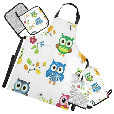 

5-Piece Kitchen Apron Set with Heat-Resistant Gloves & Insulation Mats for Cooking Baking BBQ Clipart with Cute Owls