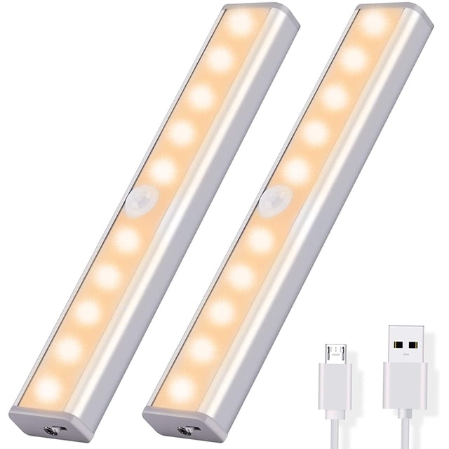 Juego de 2 luces para armario con sensor de movimiento, 10 luces LED adhesivas con tira magnética, inalámbricas, recargables por USB, para armario, dormitorio, escaleras y cocina, color