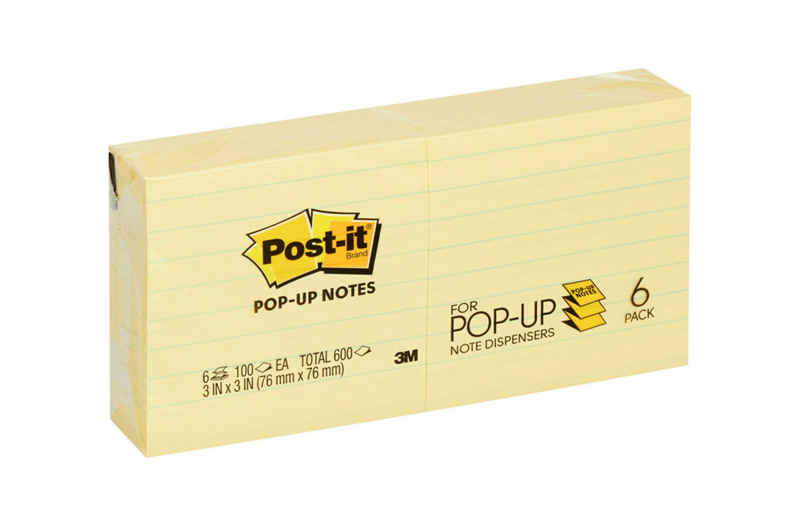 Postit Popup Notes, 3 in x 3 in, Canary Yellow, Lined, 6 Pads/Pack