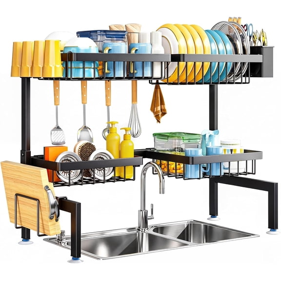 Large Over The Sink Dish Drying Rack 2 Tiers 4 Baskets | Fits All Sinks (from 26.57" to 35"), 2-Tier Adjustable SinkRack, Dishes Rack Kitchen Storage Organizer, Space Saving