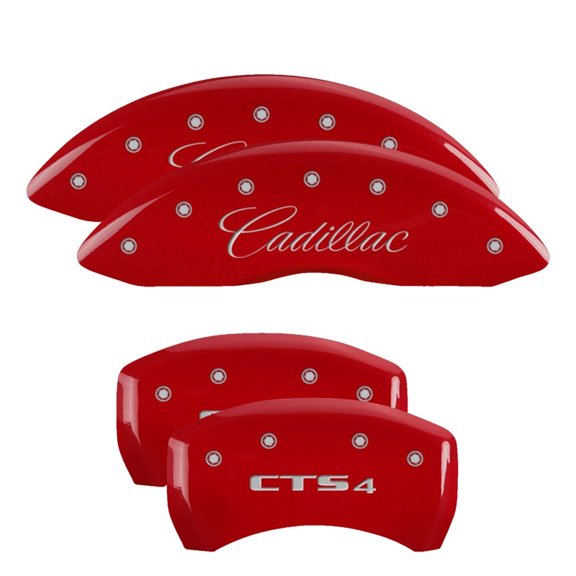 MGP 4 Caliper Covers Engraved Front & Rear Cursive/Cadillac Red finish silver ch Fits select: 2013-2016 CADILLAC XTS LUXURY COLLECTION, 2017 CADILLAC XTS PREMIUM LUXURY