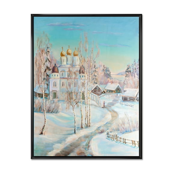 Designart 'Temple Over Country Road In Winter Landscape' Traditional Framed Canvas Wall Art Print