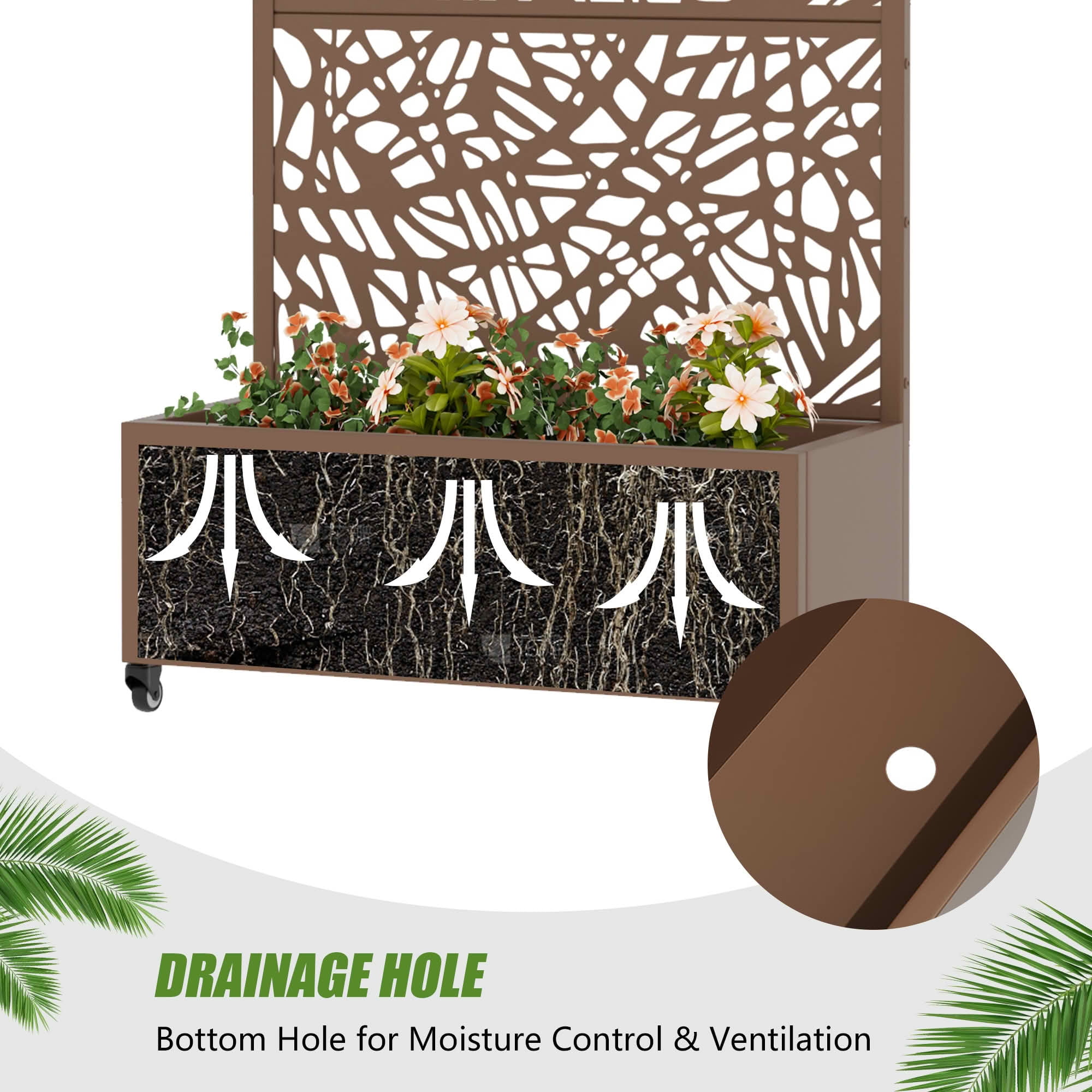 MAYEERTY 72X35" Metal Outdoor Brown Privacy Screen with Planter Box for Backyard & Garden, 3 Piece Set