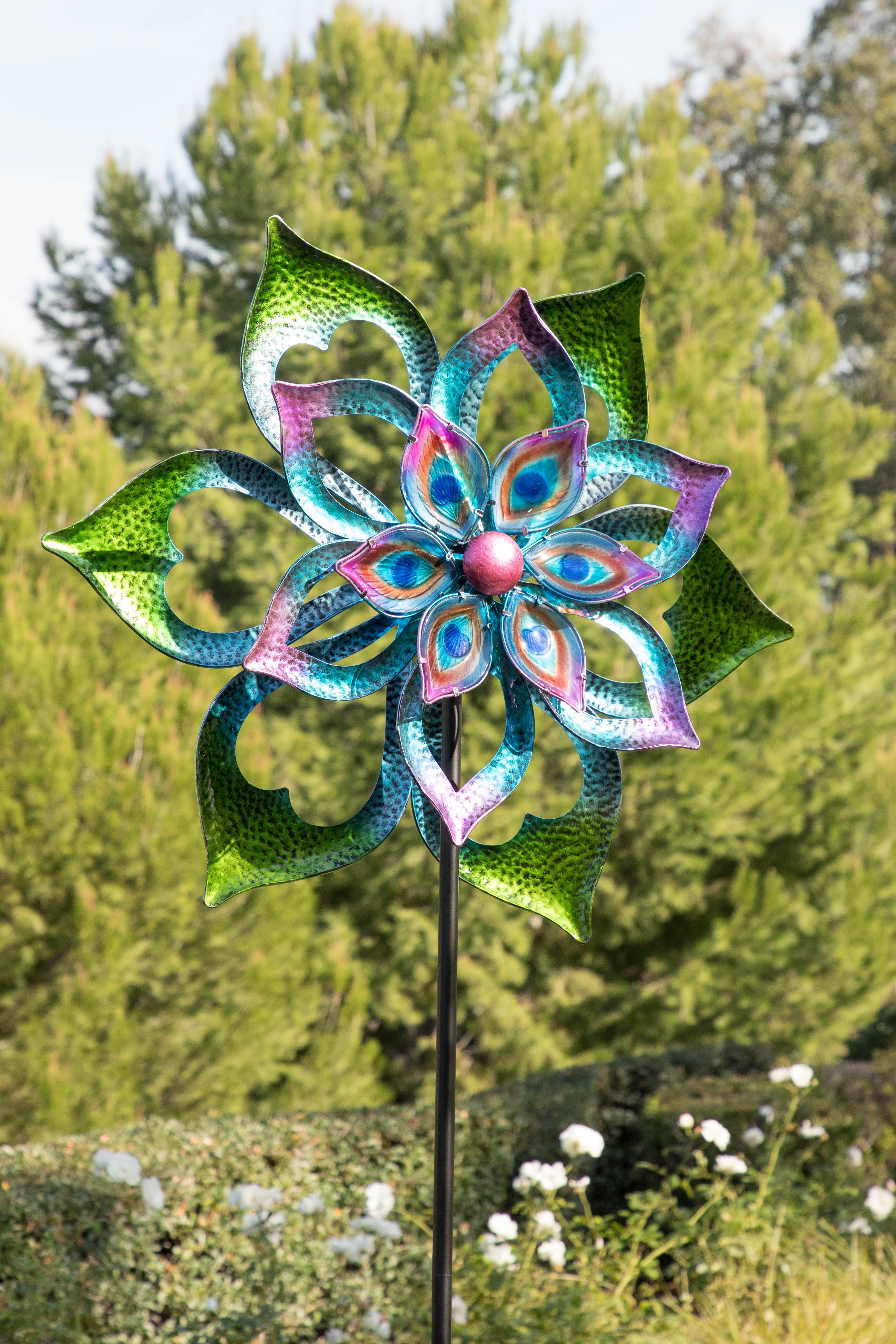 Alpine Metal DoubleSided Flower Spinning Garden Stake, 96 Inch Tall