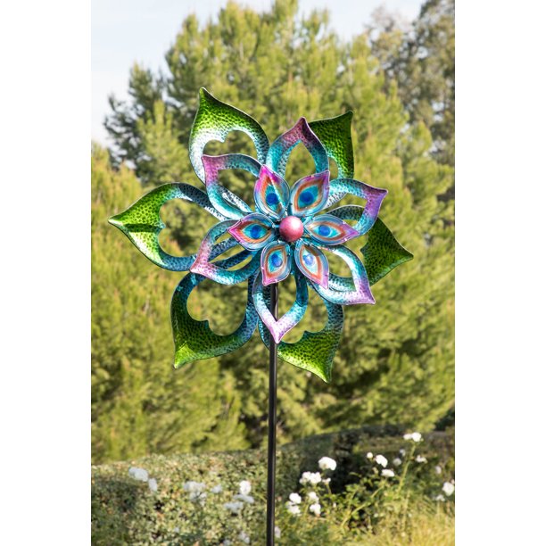 Alpine Metal DoubleSided Flower Spinning Garden Stake, 96 Inch Tall
