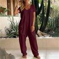 thumbnail image 2 of Tqcoqu Women's Solid V Neck Short Sleeve Jumpsuit, Loose Harem Baggy Long Pants One Piece Jumpsuit with Side Pockets, 2 of 6