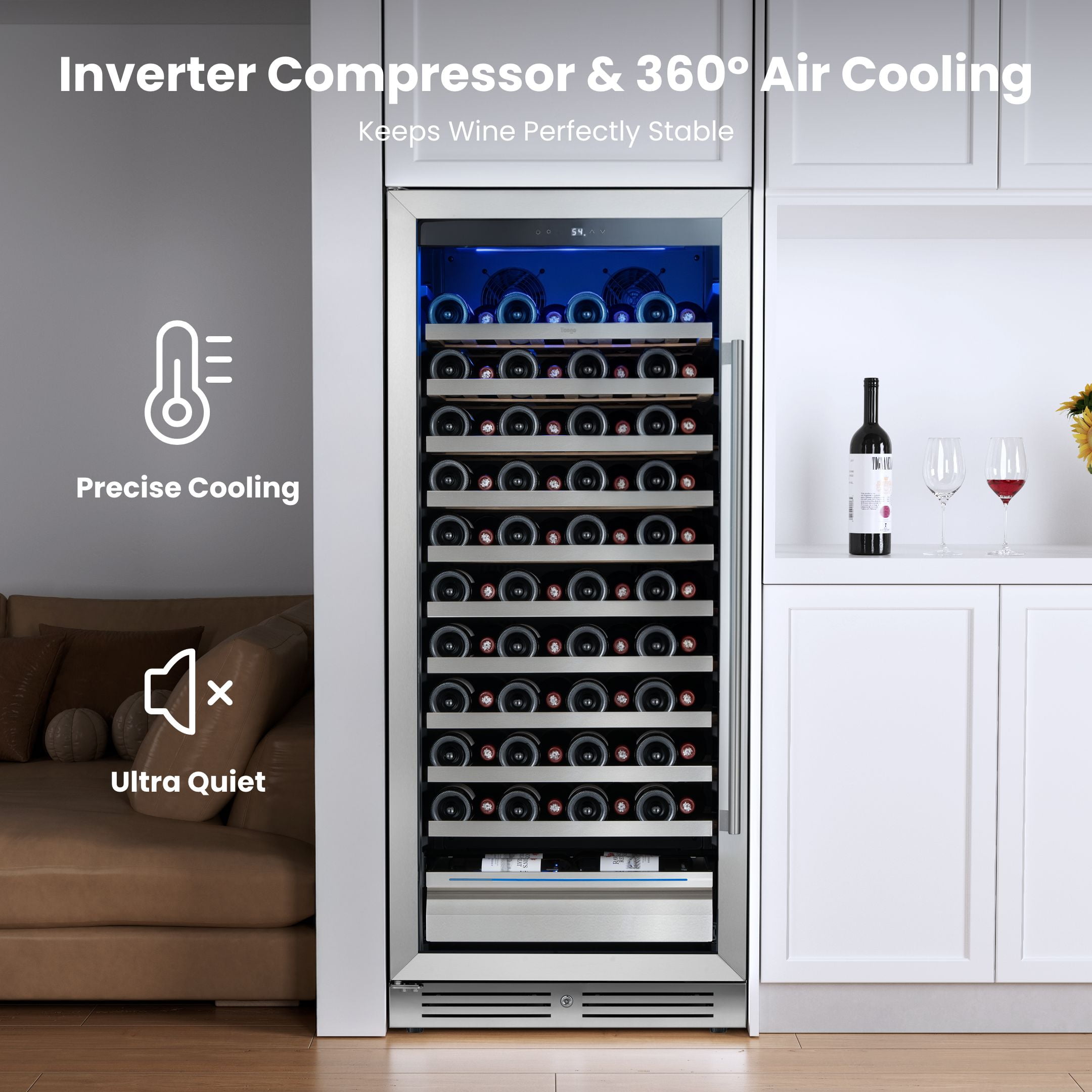 Yeego 24 inch Wine Cooler Refrigerator 89 Bottle Full Size Fridge with Stainless Steel Glass Door for Home/Bar, Built-in or Freestanding(Left-Opening)