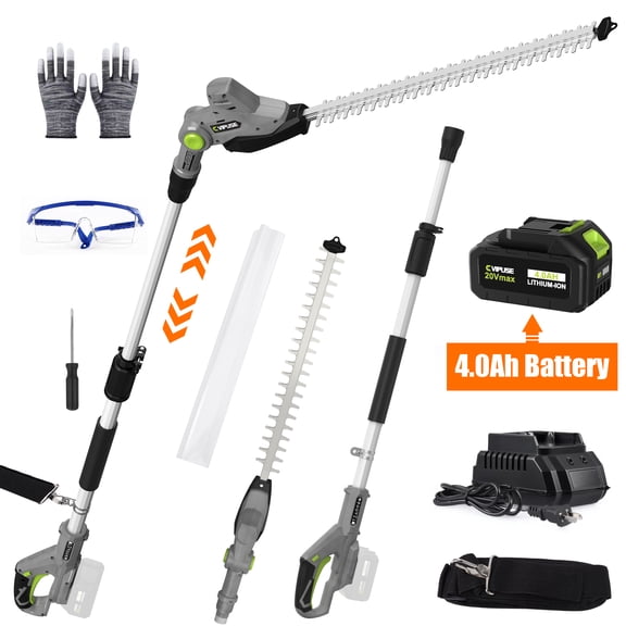 Vipuse Pole Hedge Trimmer Cordless, Electric Bush Trimmer Tool with 21" Dual-Action Blade, Detachable Telescoping Pole, 4.0Ah Battery, Powerful Branches Cutter for Tree & Shrubs Pruning