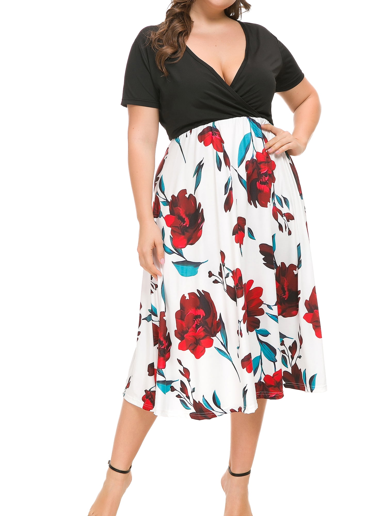 Sexy Dance Women Plus Size Cocktail Dress VNeck Casual Midi Floral