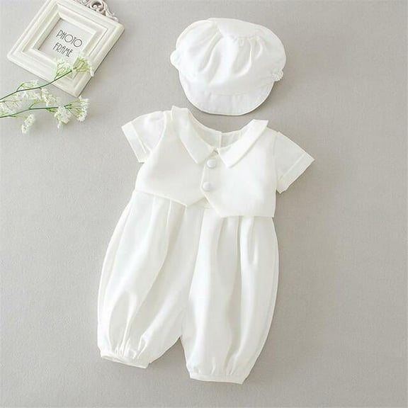 Laurenza's Baby Boys Baptism Christening Romper with Hat Embroidery Lace Accents Off-White White 0-3M