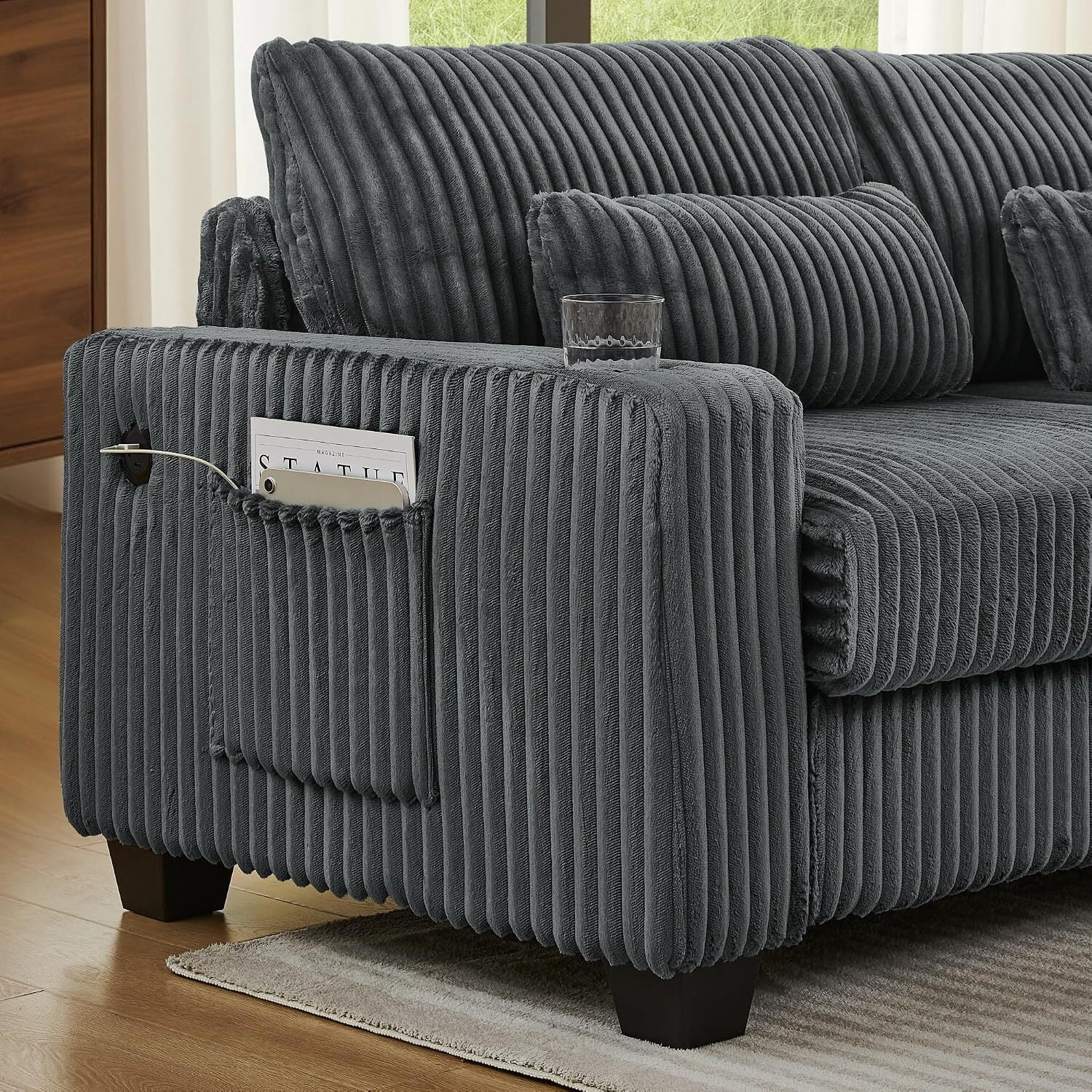 Howcool 125" L-Shaped Sectional Sofa, 5 Seat Deep Seat Corduroy Couch with Movable Ottoman, Modular Cloud Couch with Cup Holders & Lumbar Pillows for Living Room, Grey
