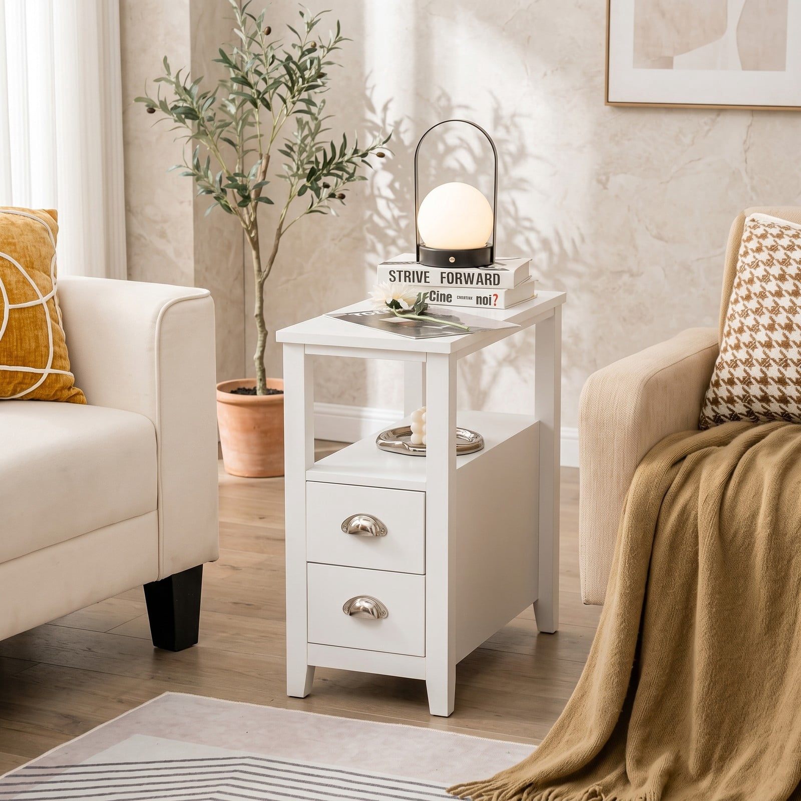 Furnibear Narrow Nightstand with 2 Drawers and Open Shelf Wooden Bedside End Table for the Bedroom and Living Room, White