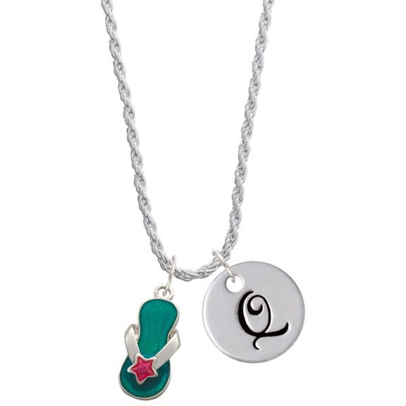 Delight Jewelry Silvertone Tropical Blue Flip Flop with Pink Star Silvertone Script Initial Disc - Q - Charm Necklace, 20"+3"