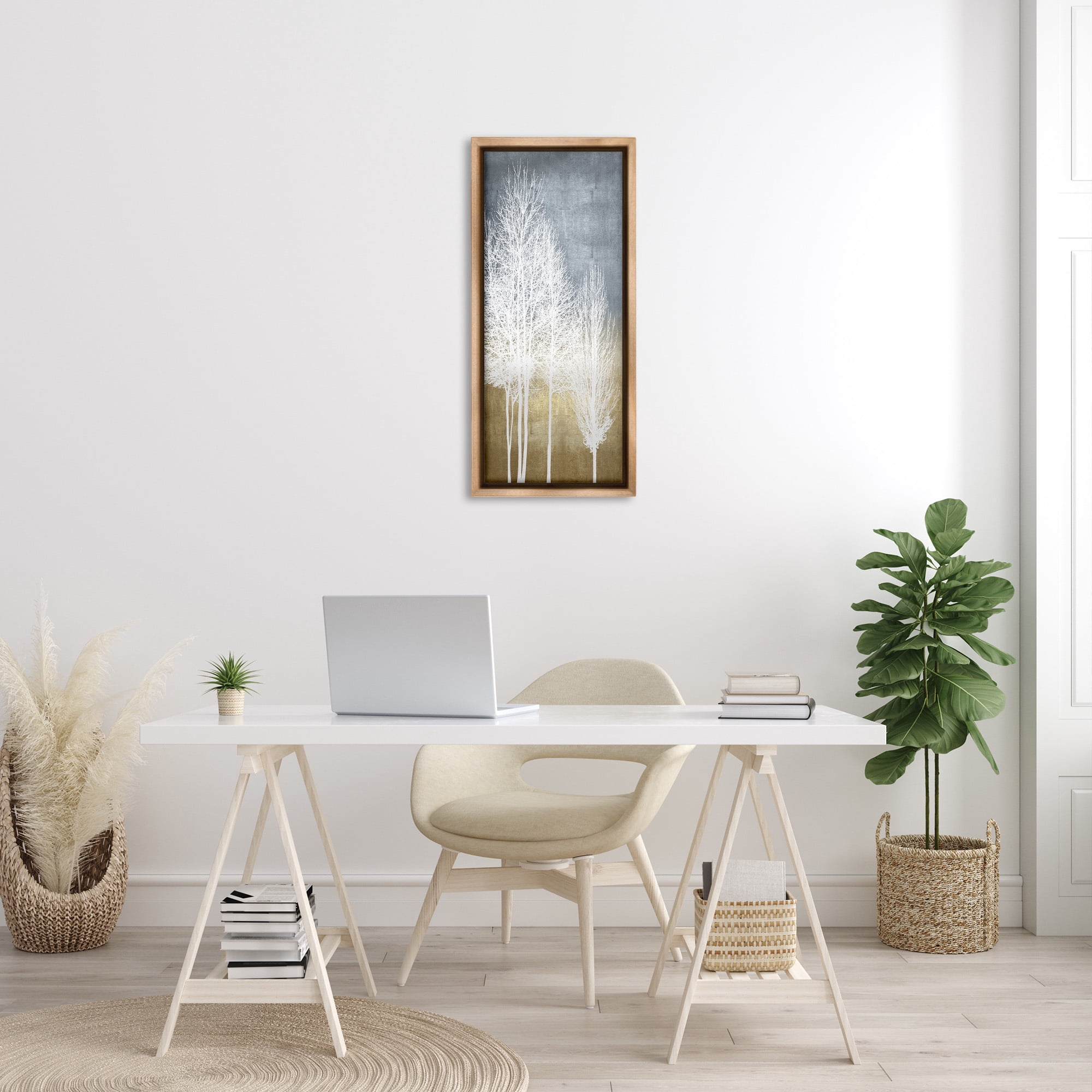 Stupell Industries Tall Bare White Trees Nature Landscape Painting Brown Floater Framed Canvas Art Print Wall Art, 15 x 31