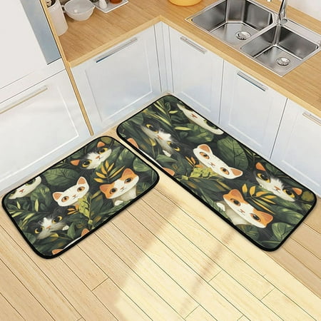 

Kitchen Rugs and Mats【2 PCS】Non Skid Cartoon Cats Peeking Creative Kitchen Mat