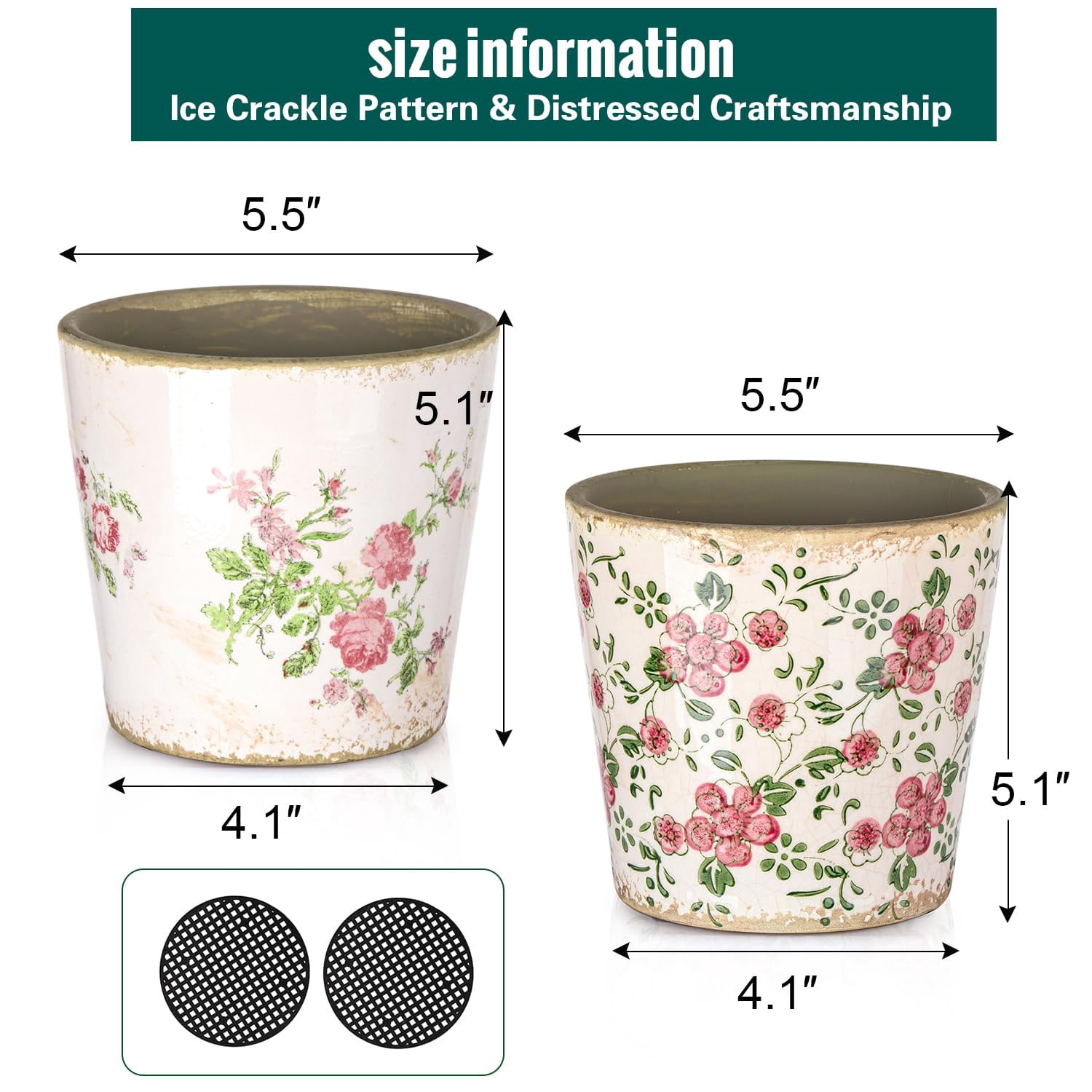 Sungmor Vintage Ceramic Plant Pots, Set of 2 Pretty Ice Cracked Glaze Ceramic Flower Pots, 5.5in. Herb Planters with Drainage Hole, Tuscan Planters for Indoor Outdoor Plants, Home Garden Decor Pot