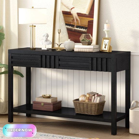 Tcbosik Modern Console Table, Entryway Table with Open Shelf and 2 Storage Drawers, Narrow Sofa Table for Living Room, Hallway, Easy Assembly, Black