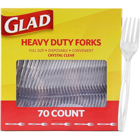Clear Heavy Duty Plastic Forks, Reduced-Plastic Open Handle, Break-Resistant Disposable or Top-Rack Reusable Cutlery for Parties, Camping & Everyday Meals, Standard Size, 70 Count
