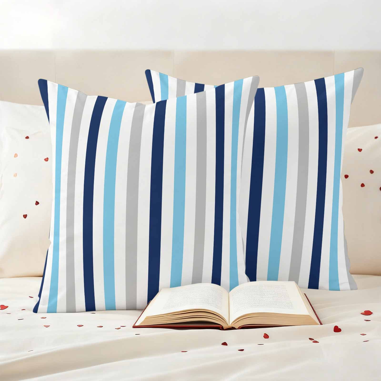 Blue Grey Stripe Outdoor Waterproof Pillow Covers, Geometric White Vertical Striped Decorative Square Throw Pillowcase Sofa Cushion Sham for Patio/Couch/Chair, 16"x16" 2 Pack