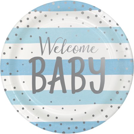 Blue and Silver Celebration Baby Shower Round Paper Plates 24 Count for 24 Guests