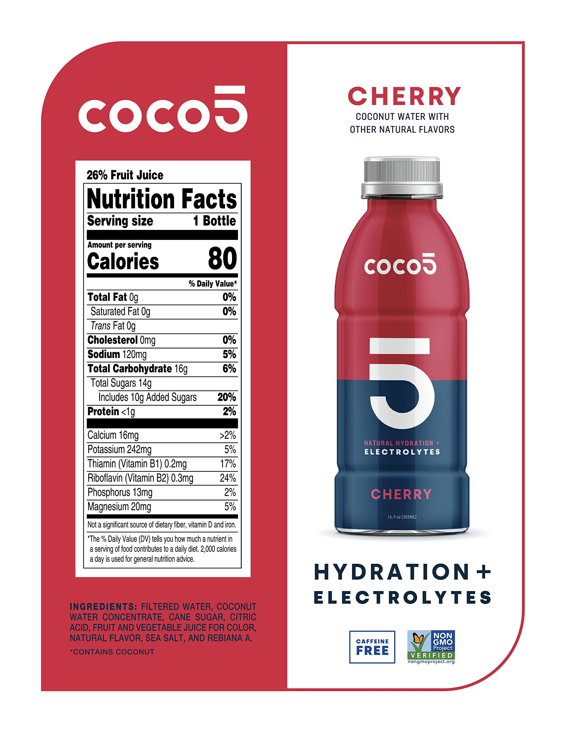 Coco5 Hydrating Sports Drink, Cherry Flavor, 100% Natural, 50