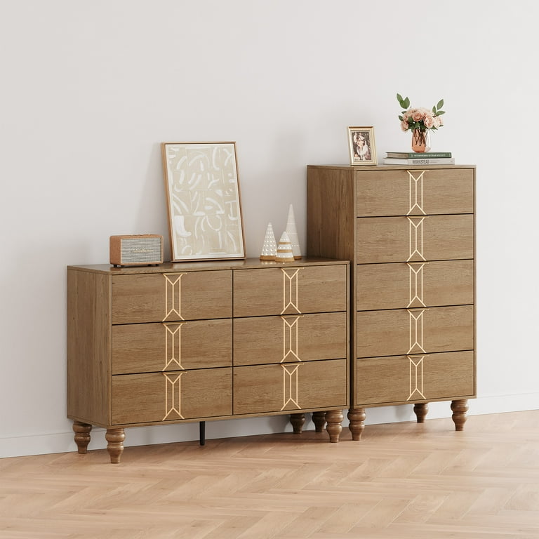 AOILE Vintage Style 6-Drawer Dresser, Modern Oak and Gold Chest with Deep  Storage for Bedroom, Living Room, and Entryway - Walmart.com