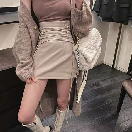 Black Leather Mini Skirts Women Gothic High Waist Slim Fit Lace-Up Pencil Skirt Female Sexy Club Back Zipper Split Bag Hip Skirt