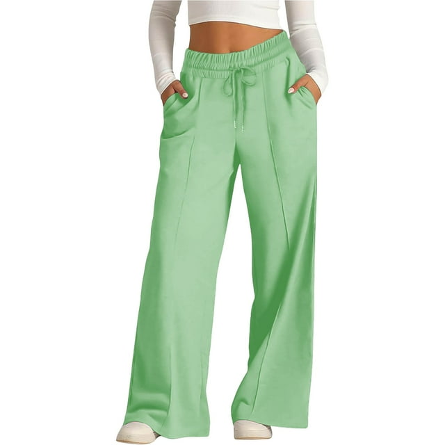 Charmgo Sweatpants for Women High Waisted Drawstring Sweatpant Solid Color Soft Loose Flowy Lounge Pants Baggy Pants Women Palazzo Pants for Women Green M