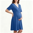 thumbnail image 4 of Women Maternity Solid Dress Summer Short Sleeve V-Neck Pleated Waist Dress Casual Breathable Pregnancy Clothes Blue S, 4 of 6