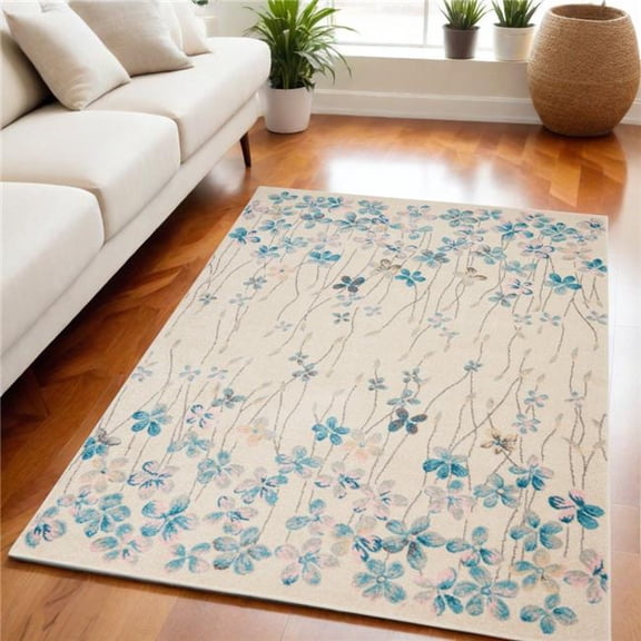 HomeRoots 550898 5 x 7 ft. Floral Rectangle Area Rug - Ivory & Blue