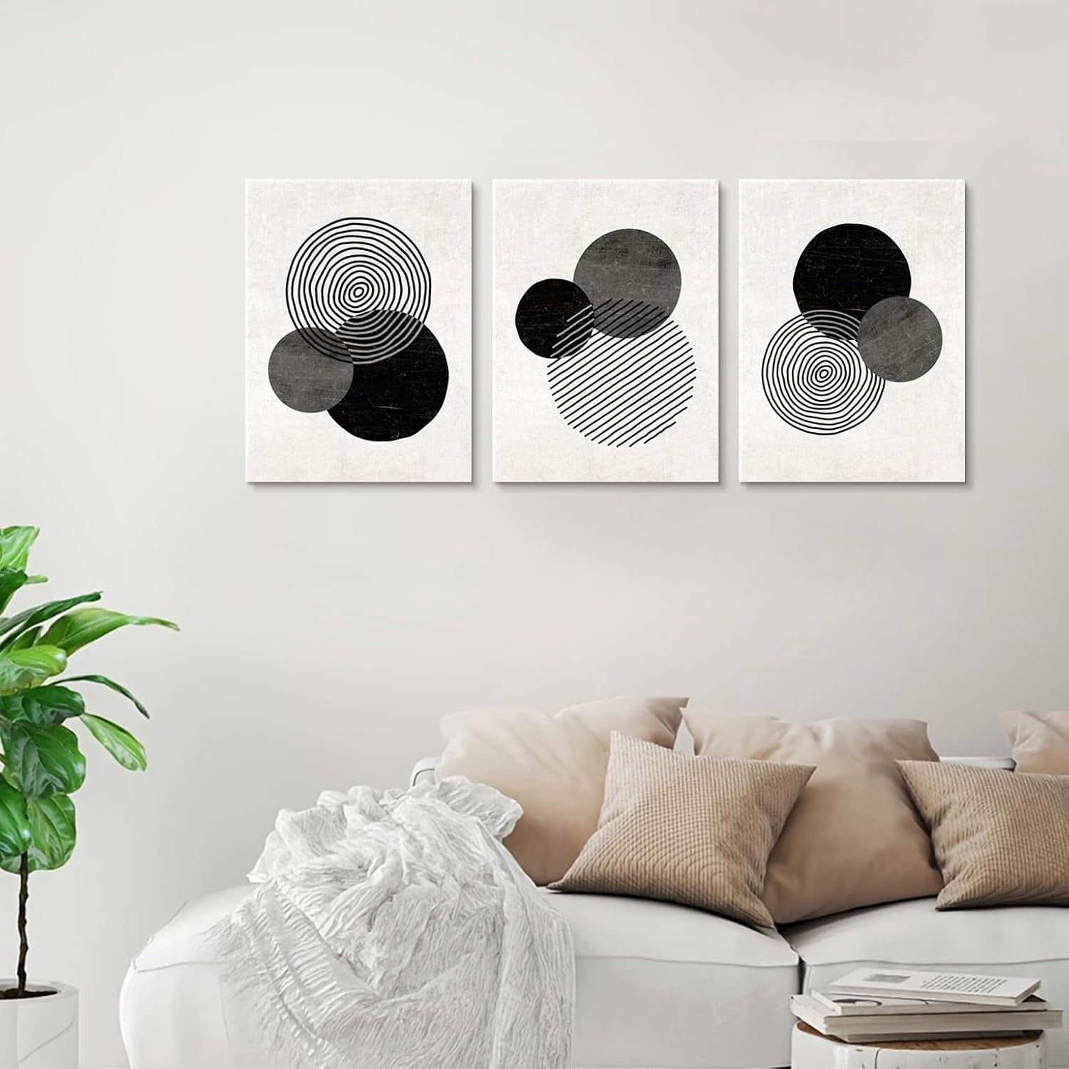 Black and White Wall Art Canvas Set Mid Century Boho Pictures Modern Geometric Lines Rounds Wall Decor Minimalist Bohemian Abstract Painting Artwork for Living Room Bedroom Office 12"x16"x3Pc