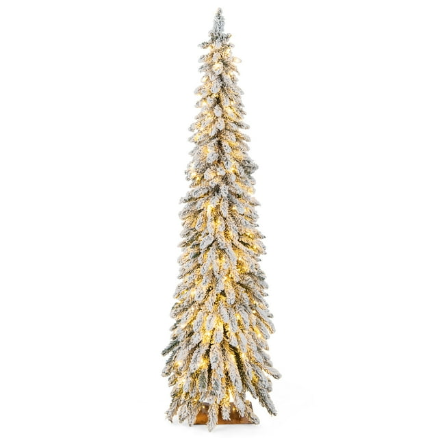 Patiojoy 6FT Pre-lit Artificial Christmas Tree Snow-flocked Xmas Pencil Tree with 407 Branch Tips 250 LED Lights 2 Lighting Colors