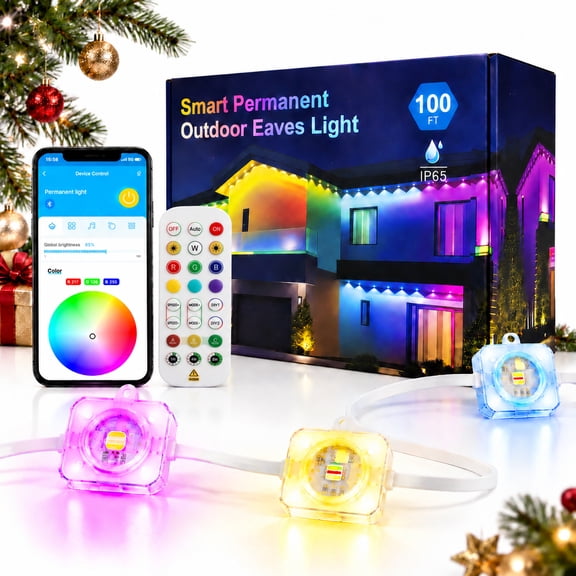 VOLIVO 100FT Permanent Outdoor Lights, APP/Remote Control Multicolor Eaves Lights, Waterproof Eternity Eaves Lighting for Holiday Daily Decorations