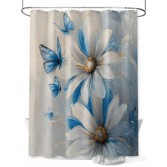 Fsddascl White Blue Flowers Shower Curtain Set - 54" x 78" Washable Bathtub Curtain with 12 Hooks, Pastoral Vintage Butterfly Floral Waterproof Fabric Stall Shower Curtains for Bathroom/Bathtub