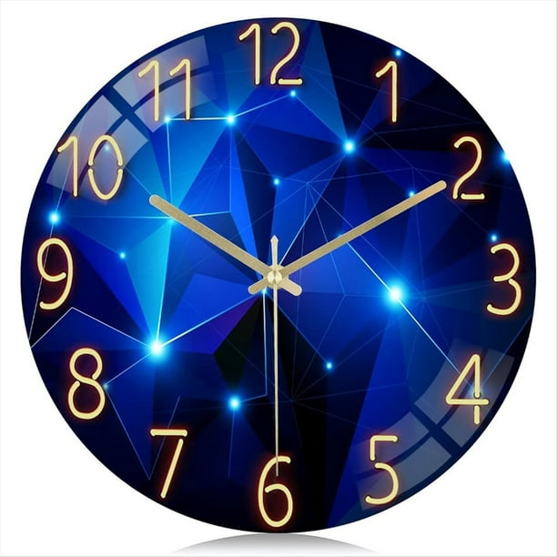 Reloj de pared de cristal de 12 pulgadas, funciona con pilas, azul, , silencioso, sin tictac, analógico, con diseño de galaxia espacial.