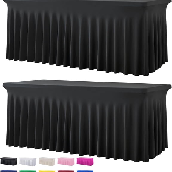 2 Pack Black Spandex Table Covers for 6 Foot Rectangle Tables, Wrinkle Free Fitted Tablecloths 6ft Stretch Table Clothes with Skirt for Parties Weddings Birthday Banquet Baby Shower