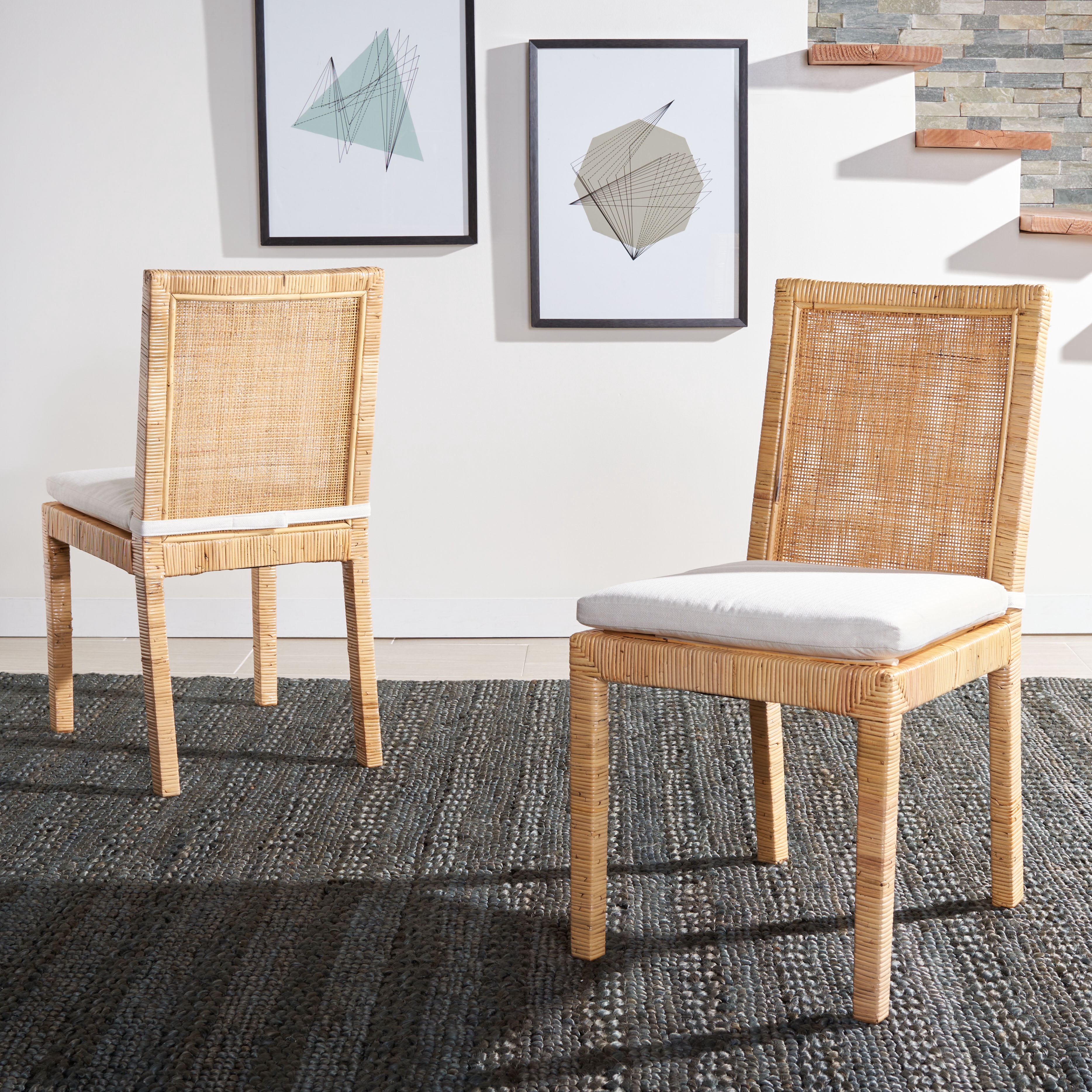 SAFAVIEH Tojo Cane Dining Chair with Cushion, Natural/White, Set of 2