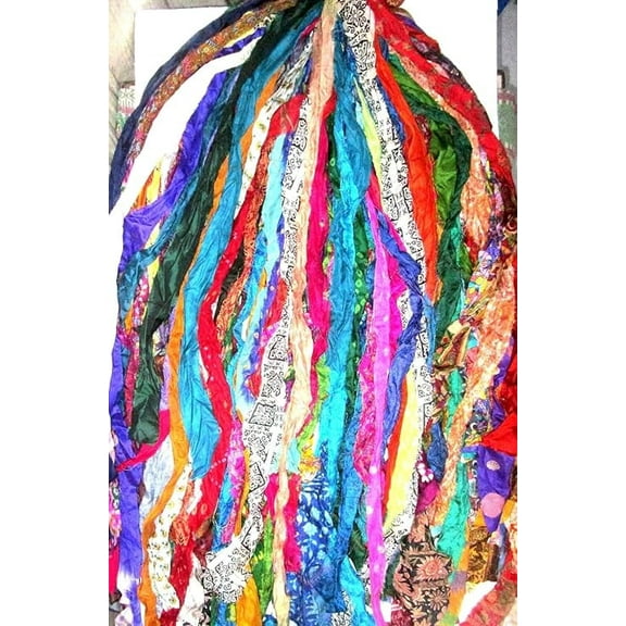 Vintage Fabrics Crafts 42 Yards Unstitched Sari Silk Yarn Ribbon Tassels 42 Strips SKEINS Mixed Shades Journal Scrapbook Craft Project Decor