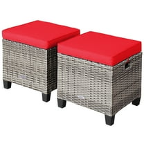 Patiojoy Set of 2 Outdoor Rattan Cushioned Ottoman Seat All Weather Patio Footrest Red