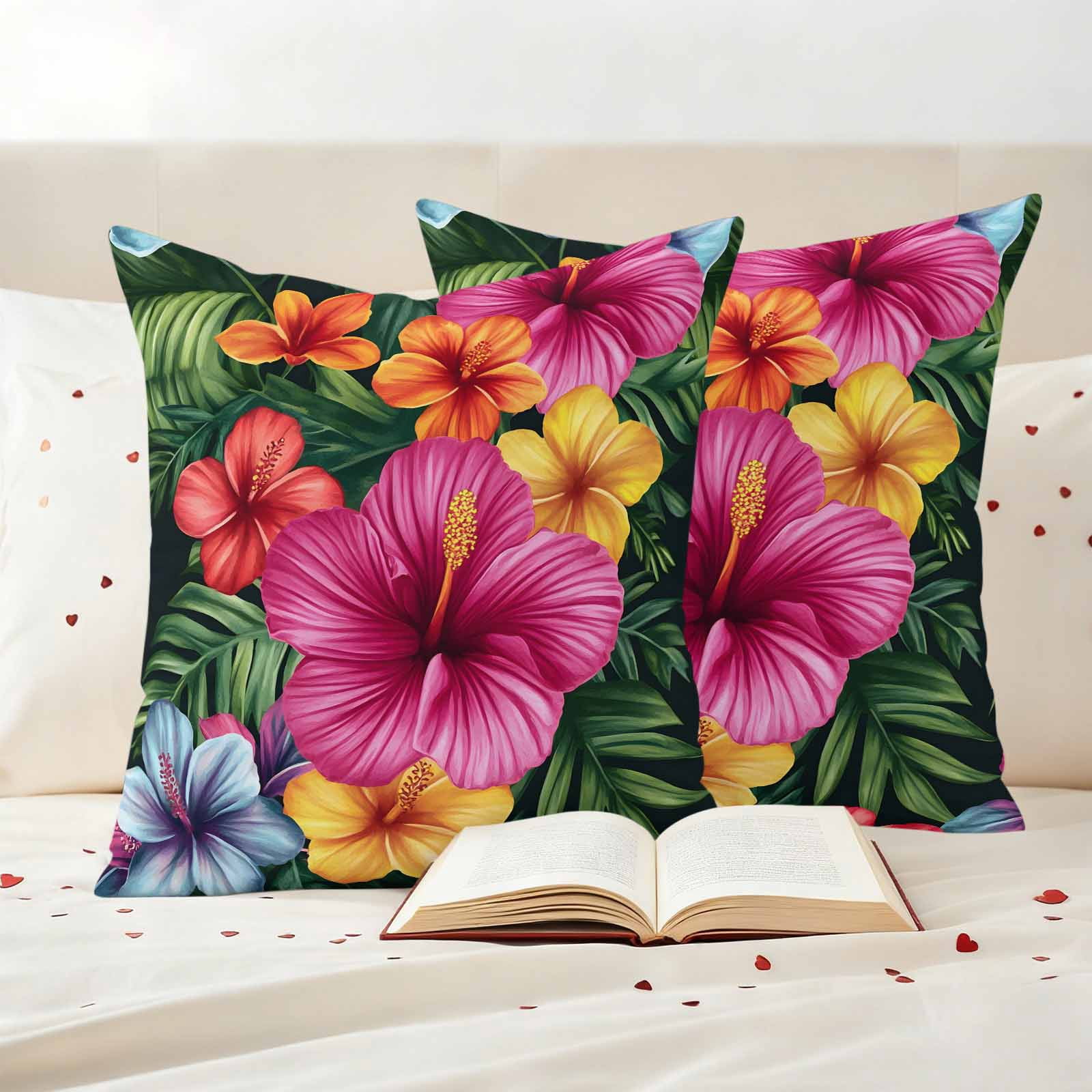 Outdoor Pillow Covers Hibiscus Flower Pink Floral Waterproof Pillow Cases 18x18 Set of 2, Country Watercolor Green Leaves Throw Pillow Cover Pillowcase for Patio Balcony Couch Garden