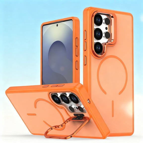 Magnetic For Samsung Galaxy S25 FE Phone Case,Compatible with Mag-Safe,With Contractile Lens Ring Kickstand,Anti-fingerprint Matte Shockproof Anti-fall Drop Protection,Durable Phone Case,Orange