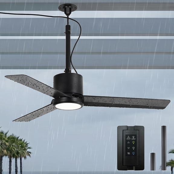 Parrot Uncle 42" IP65 Waterproof Plug-in Outdoor Ceiling Fan with Light and Remote, Black Propeller Ceiling Fan for Patio