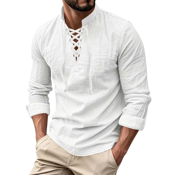 StSilkitty Mens Long Sleeve Shirts Linen Lace up V Neck T-Shirts Solid Color Lightweight Casual Pullover Tops