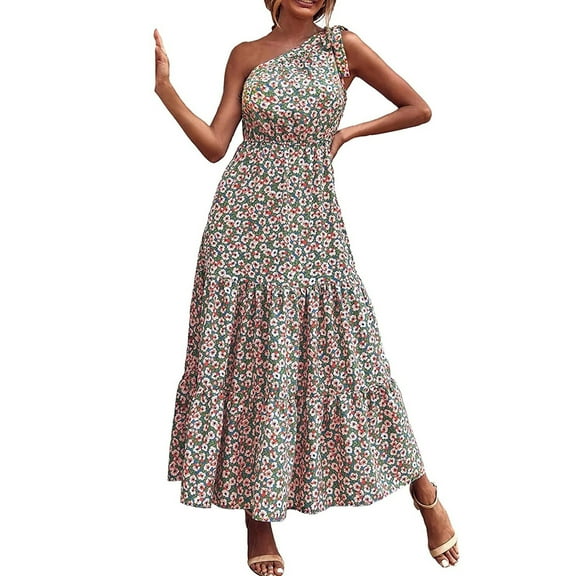 IROINNID Women's Sleeveless A-Line Dress Fashion Summer Ruffle Long Dress One-Shoulder Ankle-Length Women Dress