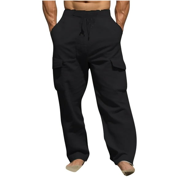 Bazeneo Work Trousers Men Elasticated Waist Drawstring Pants Solid Baggy Cargo Trouser Wide Leg Combat Pant Casual Bottoms with Pockets Mens Hiking Climbing Clothes Plus Size S-3XL