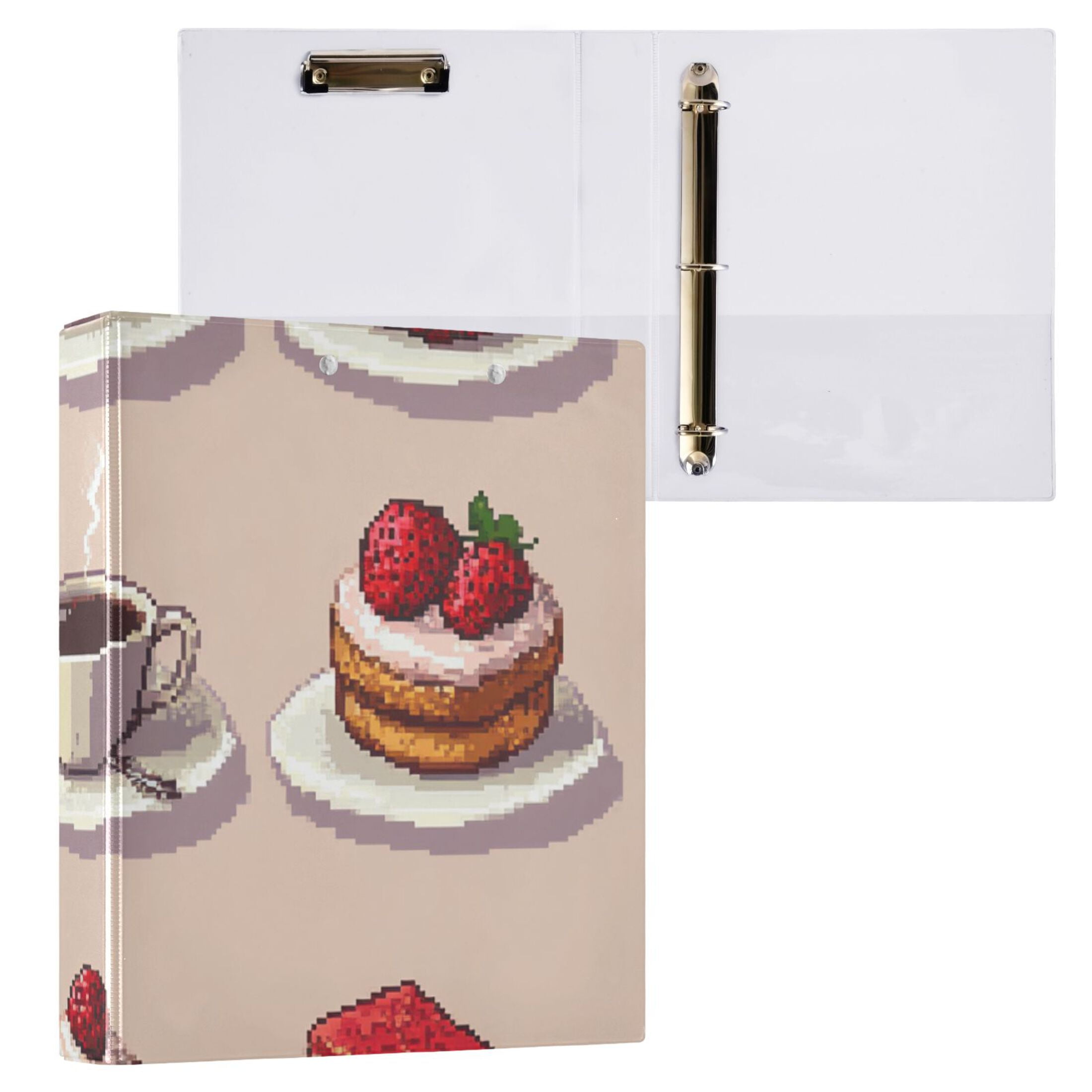 Pixel Cakes and Strawberry 3 Ring Binders 1.5 inch Hardcover File Folders with Interior Pockets A4 Size Organizer for School Office Hospital