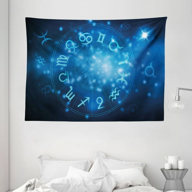 Astrology Tapestry, Abstract Horoscope Wheel with Signs Aquarius Lion