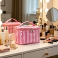 thumbnail image 5 of Cosmetic Bag, Striped Glossy Waterproof PVC Large Capacity Travel Toiletry Organizer, 1 Pack Portable Handheld Carry On Makeup Storage Pouch for Women Girls Vacation Bathroom Skincare Organization, 5 of 6
