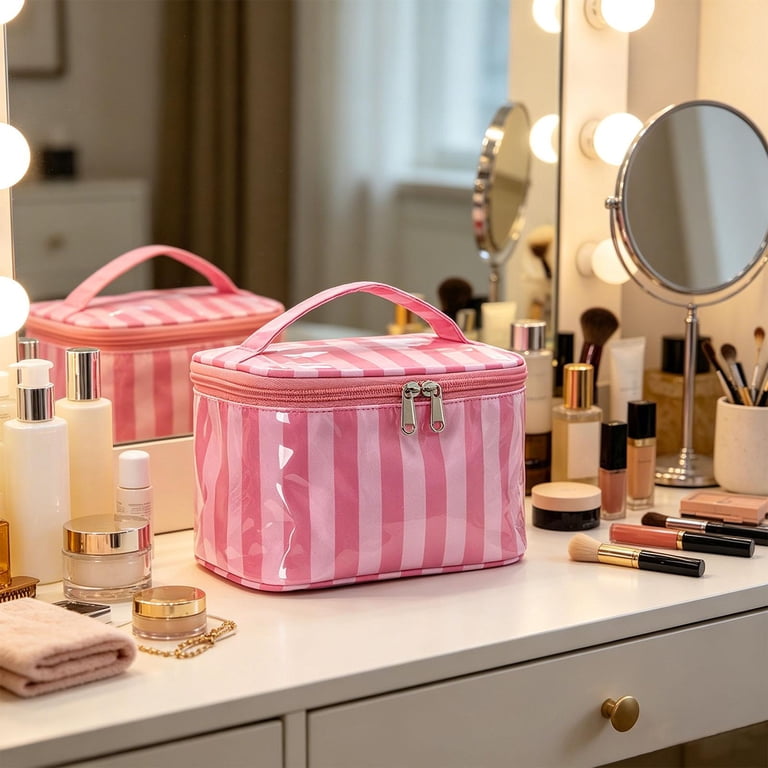 clear travel toiletry bag Byootique Gloss Makeup Bags Pink Set(2) A branded elastic loop holds your toothbrush or makeup brush and a leather top handle that makes it easy to carry TSA Approved Toiletry Bag -